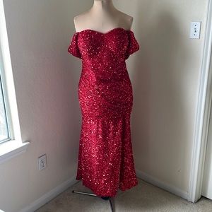 Dazzling Red Sequin sweetheart off the shoulder corset laced gown XL